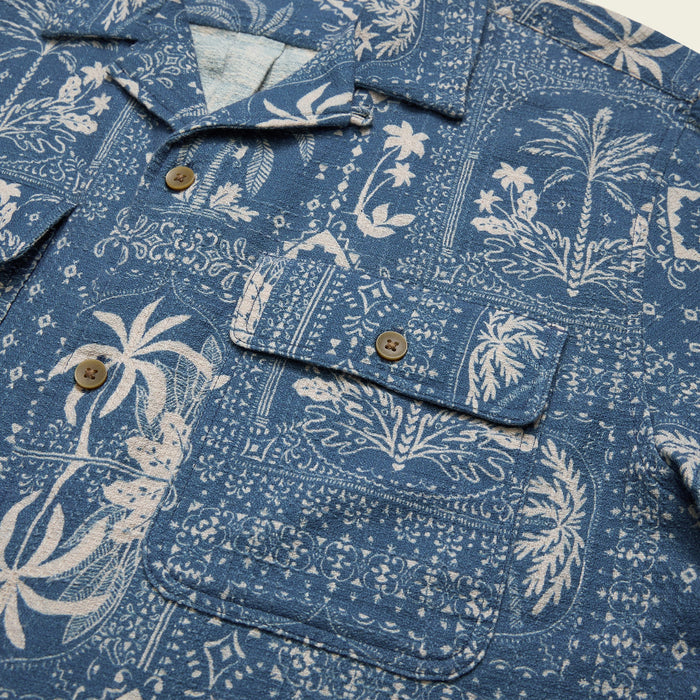 Shores Club Shirt Palmetto Prophesy Storm Blue close up with botanical print and tan buttons