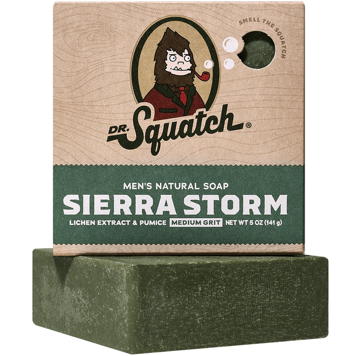 Dr Squatch Sierra Storm natural bar soap with a green bar and kraft box featuring a Sasquatch illustration.