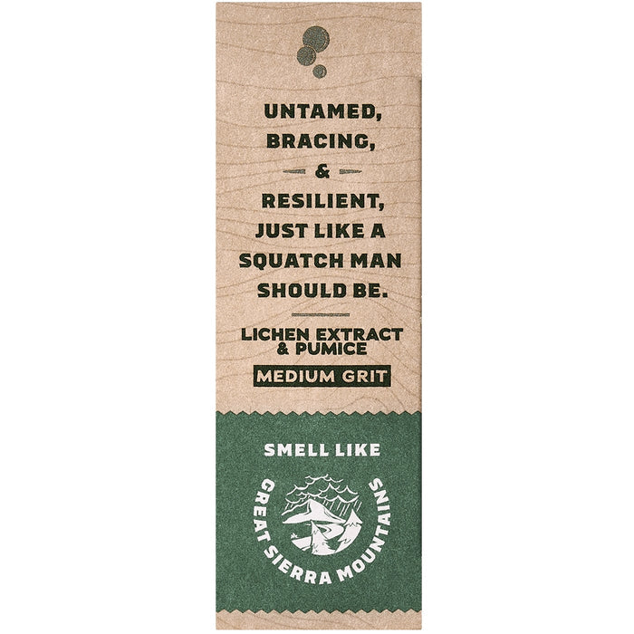 Wood grain wrapper for Sierra Storm Bar Soap with bold black text and a green bottom band indicating medium grit