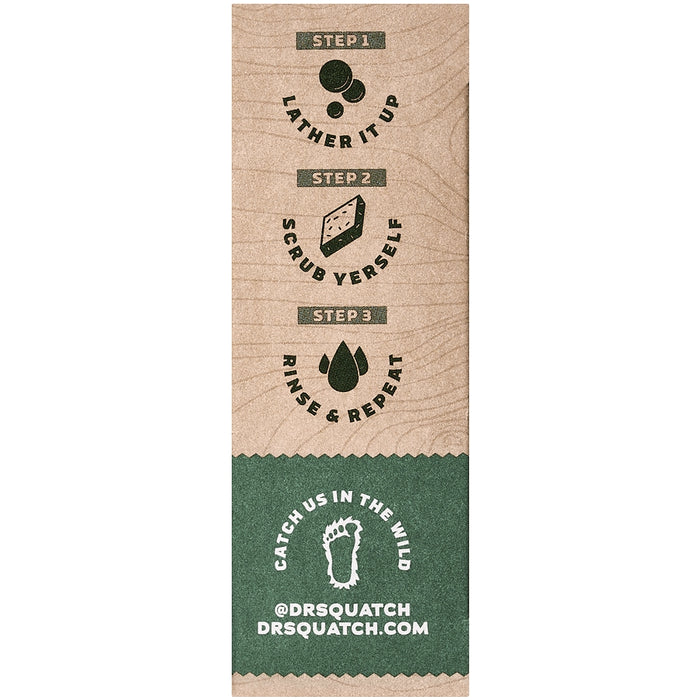 Back of Sierra Storm Bar Soap wrapper showing three steps lather up scrub yourself rinse and repeat with a nature logo