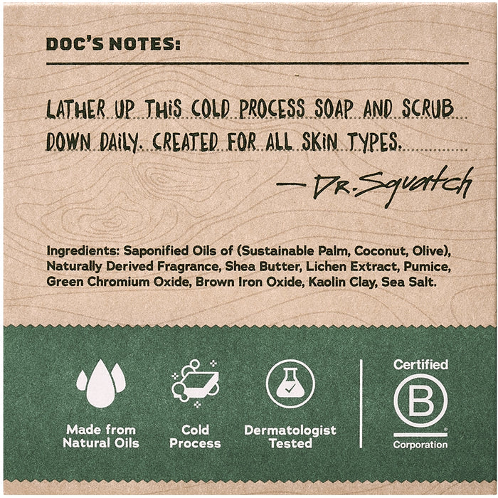 Doc notes section on Sierra Storm Bar Soap wrapper listing ingredients and natural oils icons on a green band