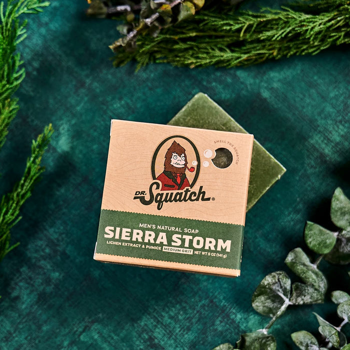 Dr Squatch Sierra Storm soap box with tan and green design among evergreen branches.