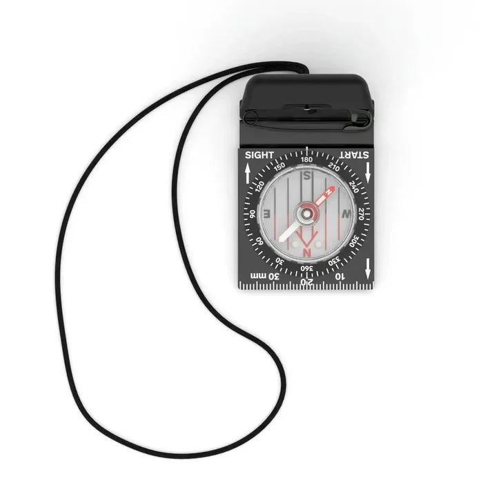 Aerial shot of a closed Silva Ranger SL compact mirror compass shoiwng the lanyard detail.