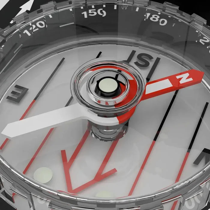 Close up image of the bezel and needle of a Silva Ranger SL compact mirror compass
