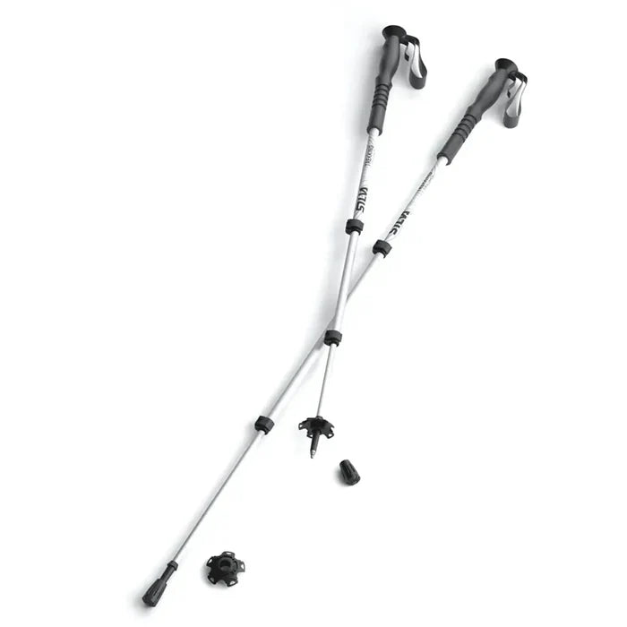 Silva Trekking Poles extended and partially extended showing the foam grips with adjustable straps and the snow snow baskets and rubber feet