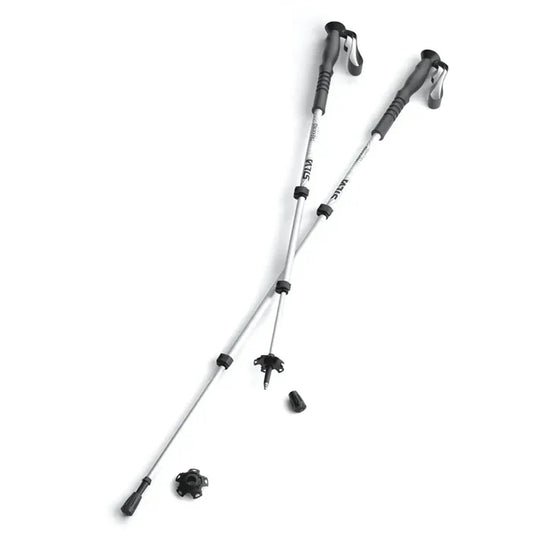 Silva Trekking Poles extended and partially extended showing the foam grips with adjustable straps and the snow snow baskets and rubber feet