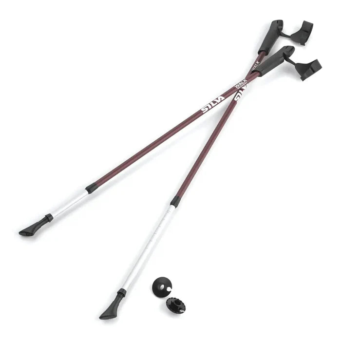 Silva adjustable aluminium walking poles showing the wrist gloves and the additional snow baskets