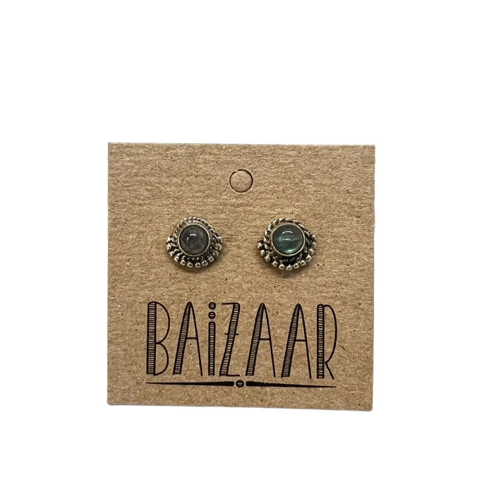Silver Labradorite stud earrings with round labradorite stones and a decorative beaded border on a brown card