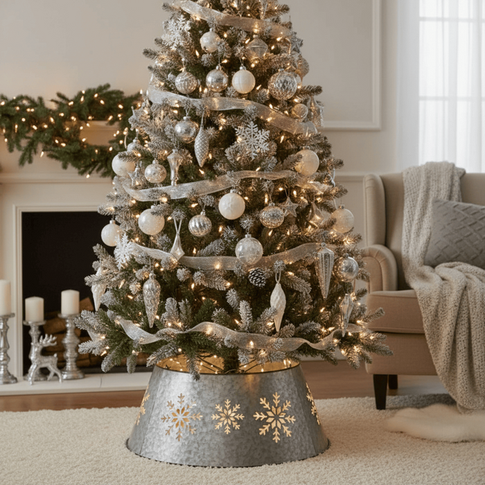 Decorated Christmas tree in a living room with lights and ornaments.