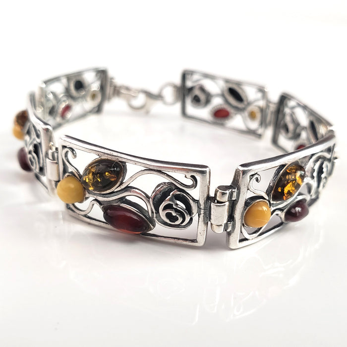 multicolor genuine amber sterling silver link bracelet