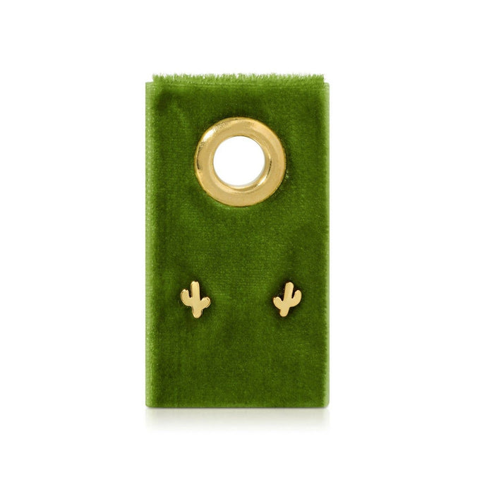 Green velvet display card showing two small gold cactus stud earrings