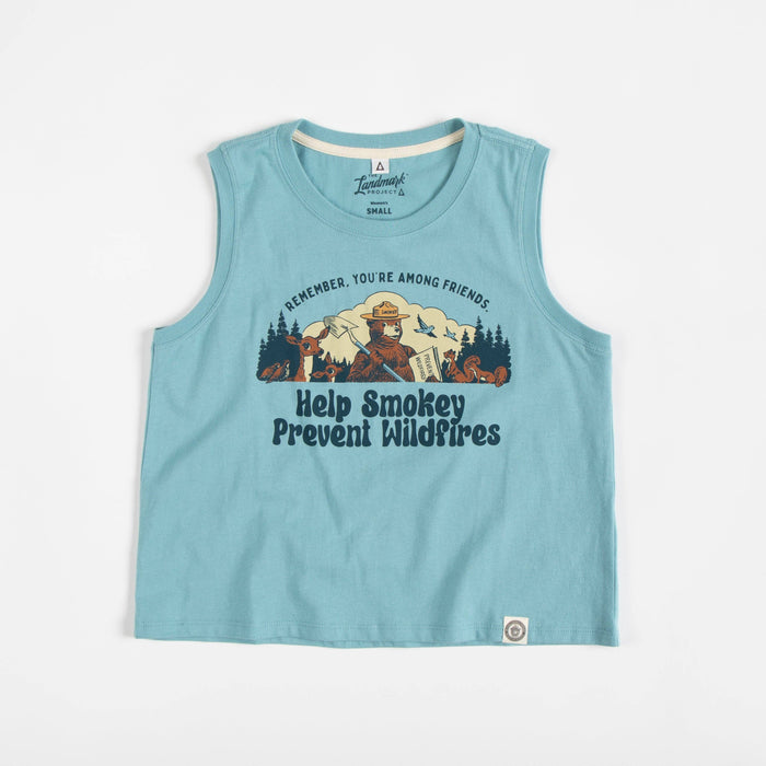 Turquoise Smokey Among Friends women's tank laid flat with graphic print.