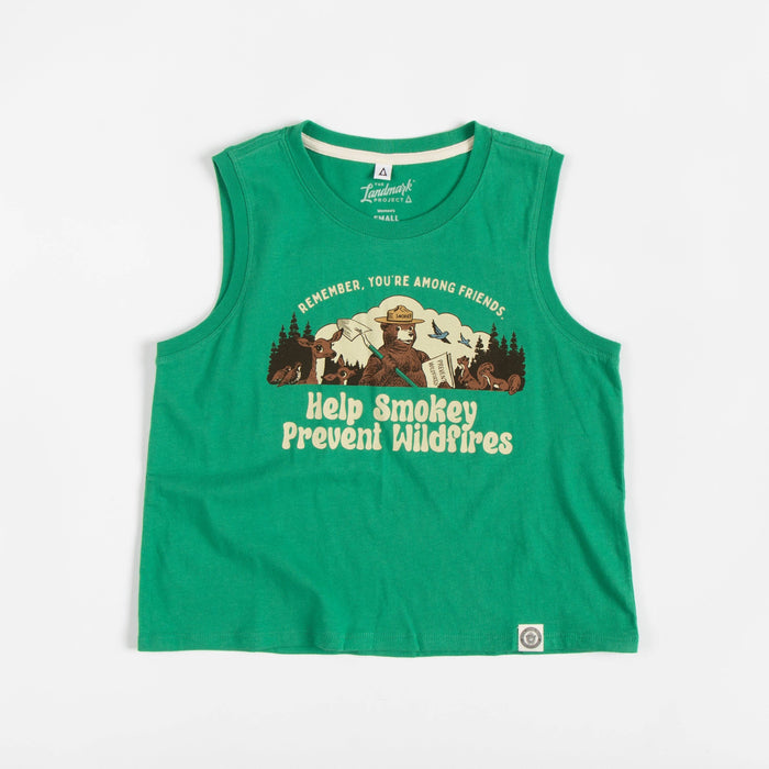 Close up of green Smokey Among Friends tank top showing neckband and printed graphic