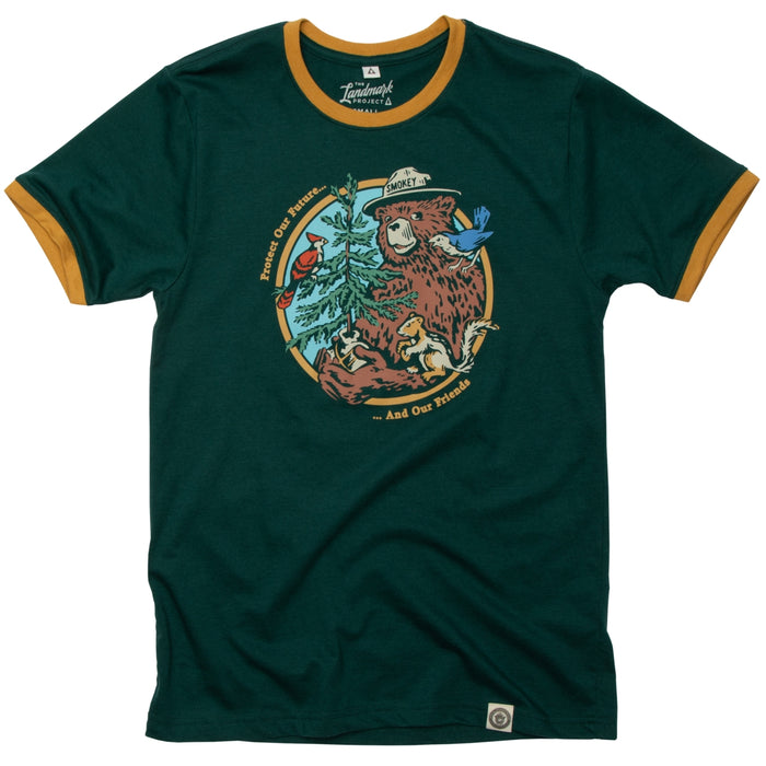 Smokey's Friends Ringer Tee in deep green with mustard trim and a circular forest scene featuring Smokey the Bear.