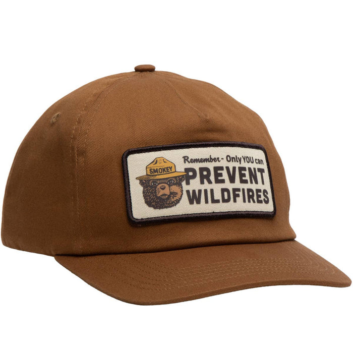 Brown five-panel trucker hat with Smokey patch reading Remember Only YOU can PREVENT WILDFIRES