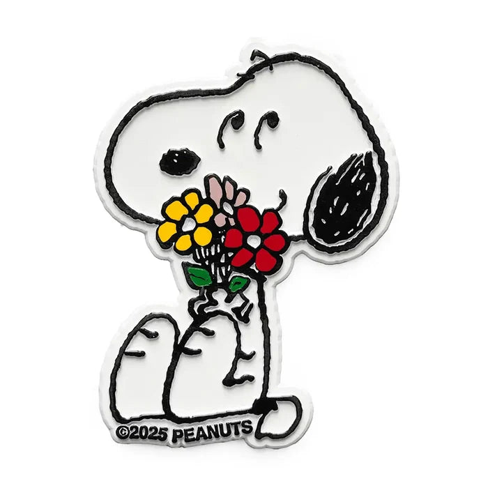 Snoopy holding a bouquet of bright flowers on a Snoopy Flowers Retro Magnet.