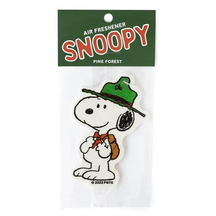 Snoopy the Scout air freshener sealed in packaging with a green Pine Forest label