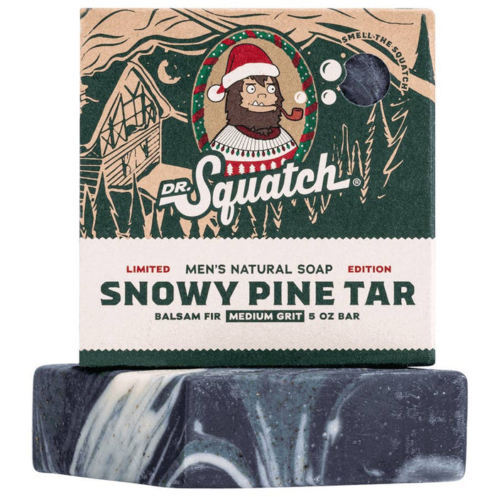 Snowy Pine Tar bar soap packaging featuring festive artwork and Dr Squatch branding.