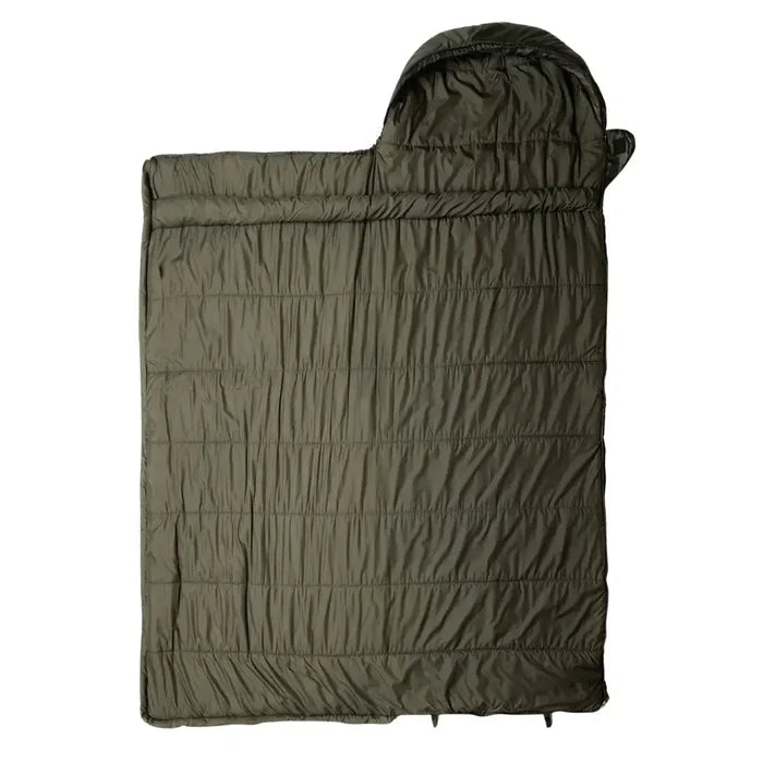Snugpak Navigator 3-4 season thermal sleeping bag in olive photographed from above on a white background whilst opened out fully