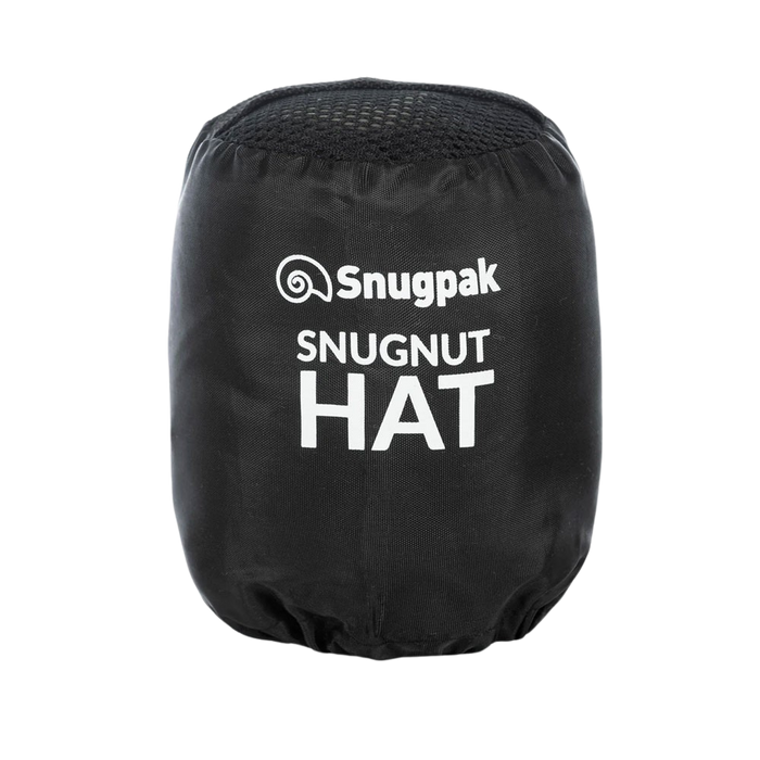 Snugpak Snugnut insulated winter hat in its stuff sack shot on a white background in a studio