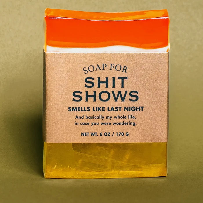 Boxed soap with bright orange top and kraft label reading Soap for Shit Shows