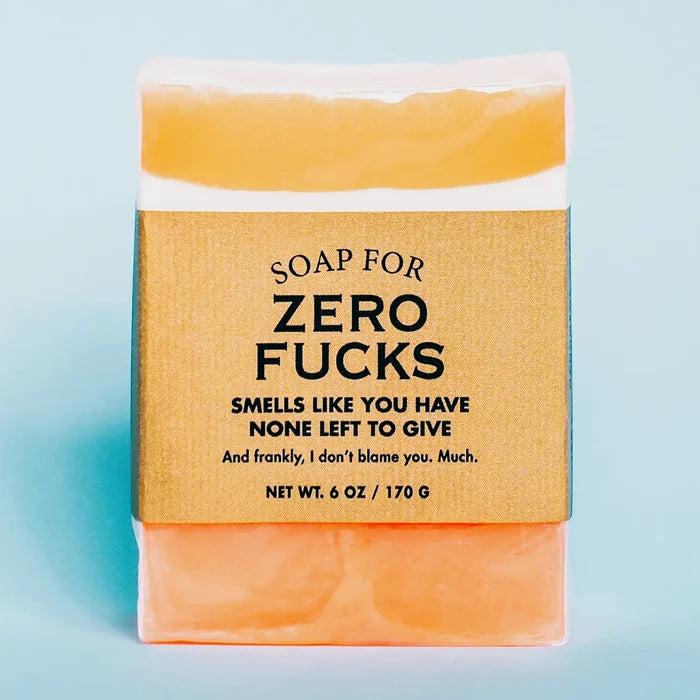 Boxed soap with turquoise accents and kraft label reading Soap for Zero Fucks