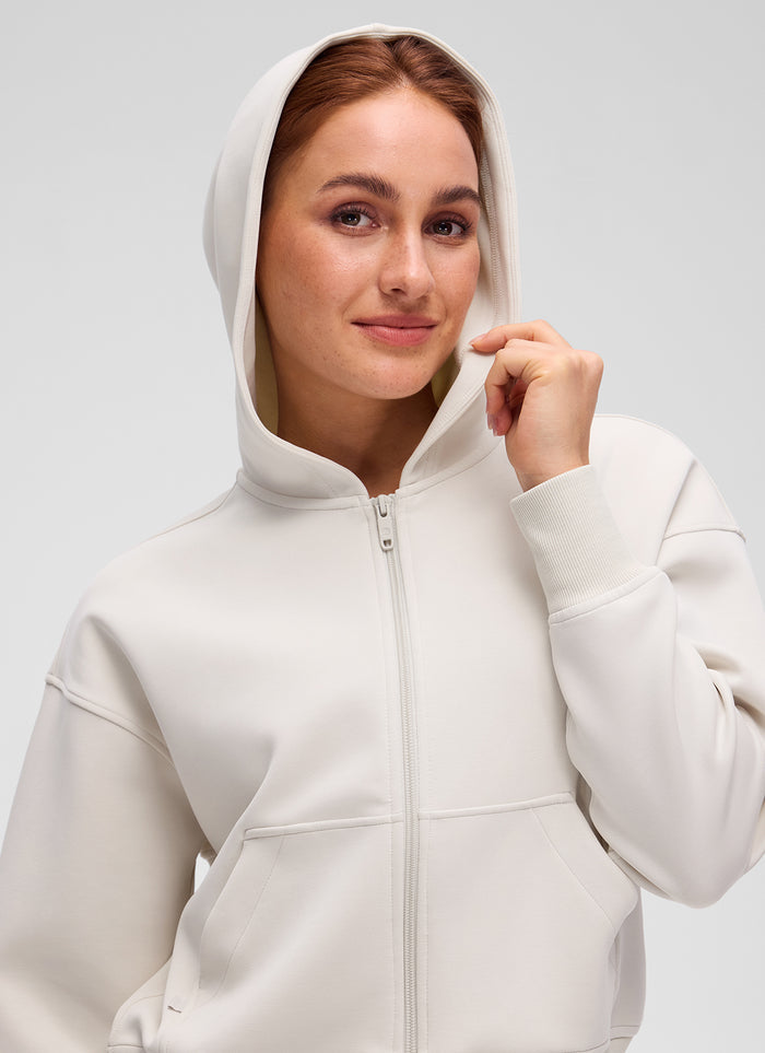 CRZ YOGA Women's SoftAura Casual Full Zip Waist Length Pocket Hoodie Milky White