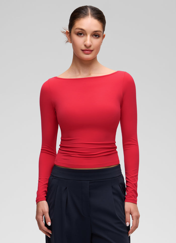 CRZ YOGA Women's Softembrace Casual Boat Neck Waist Length Long Sleeve Aurora Red