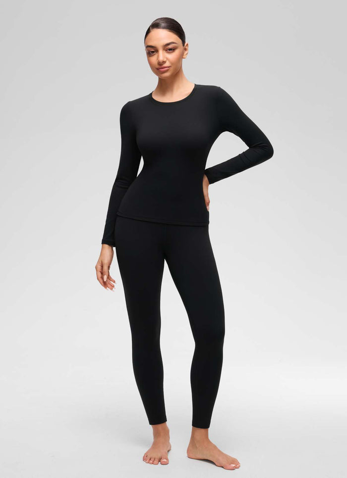 CRZ YOGA Women's Softembrace Fleece Lined Thermal Casual Underwear Set Black