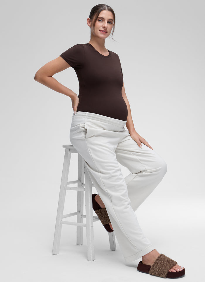 CRZ YOGA Women Casual Slim Fit Maternity Short Sleeves Crew Neck Hot Fudge Brown