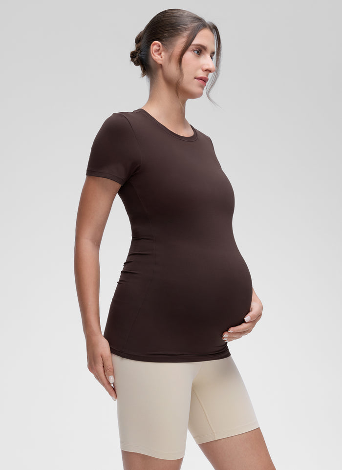 CRZ YOGA Women Casual Slim Fit Maternity Short Sleeves Crew Neck Hot Fudge Brown
