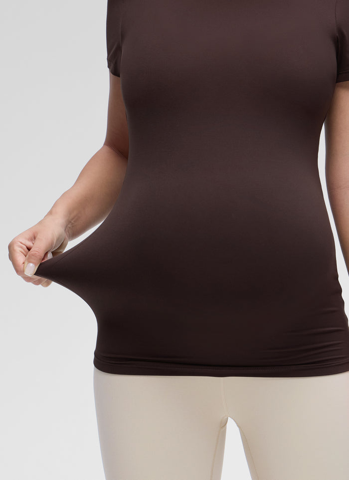 CRZ YOGA Women Casual Slim Fit Maternity Short Sleeves Crew Neck Hot Fudge Brown
