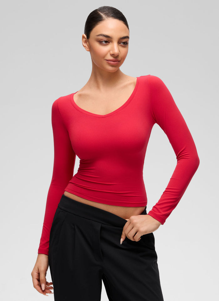 CRZ YOGA Women's Softembrace Casual V Neck Waist Length Long Sleeve Aurora Red
