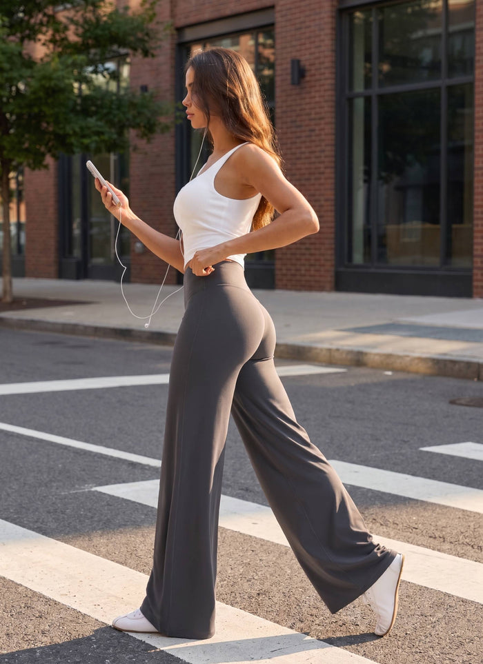 CRZ YOGA Women's Softretch Workout No Front Seam Wide Leg Pant 28" Solar Grey