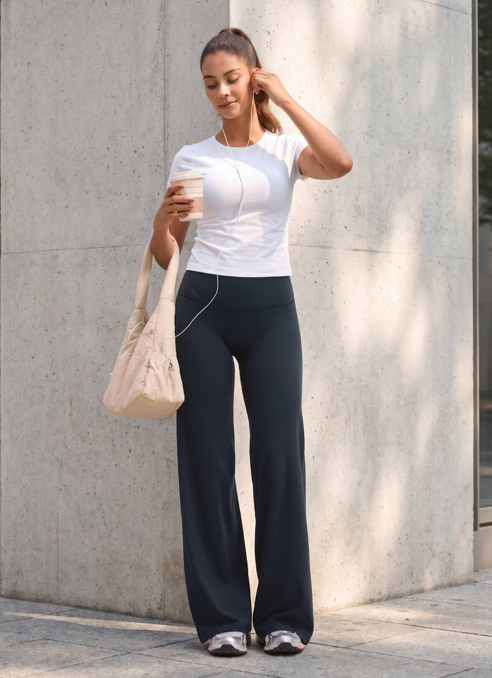 CRZ YOGA Women's Softretch Workout No Front Seam Wide Leg Pant 30" True Navy