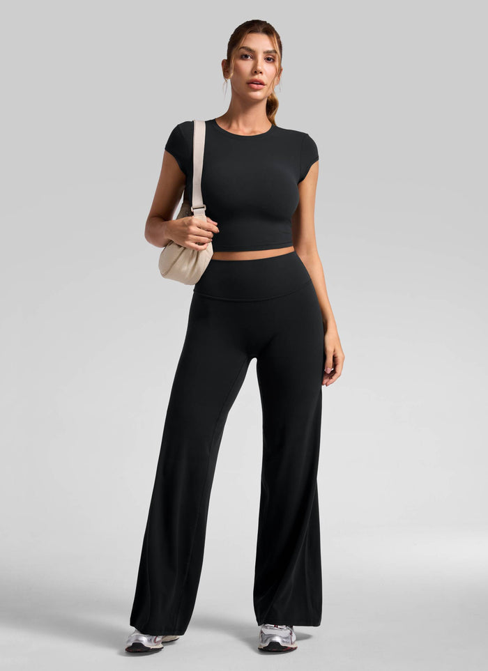 CRZ YOGA Women's Softretch Workout No Front Seam Wide Leg Pant 32" Black