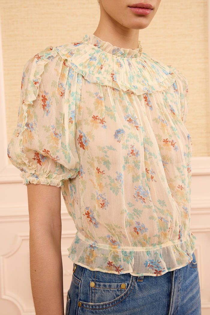 Solenne Silk Top Moon Petal - Ruffle Neckline & Puff Sleeve Detail | Ulla Johnson