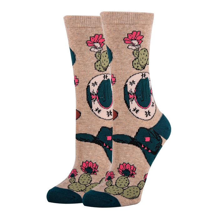 Beige Sombrero themed crew socks with pink flowers cactus pattern and teal accents