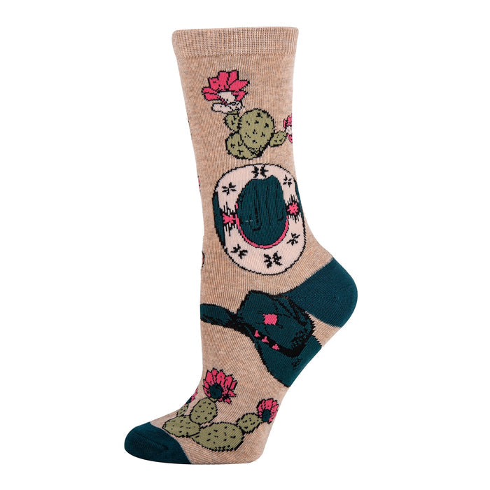 Beige cactus and pink flower print crew sock with teal toe