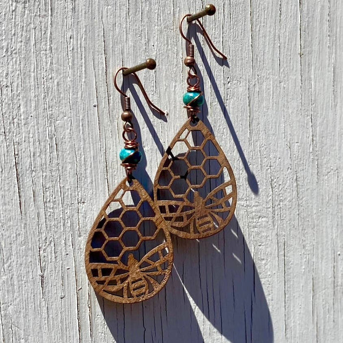 Copper honeycomb teardrop earrings with blue jasper beads from the Sonoran Bee collection