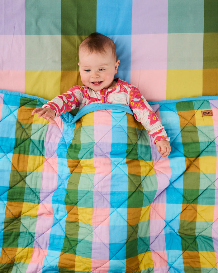 Sorbet Tartan Organic Cotton Quilted Cot Bedspread