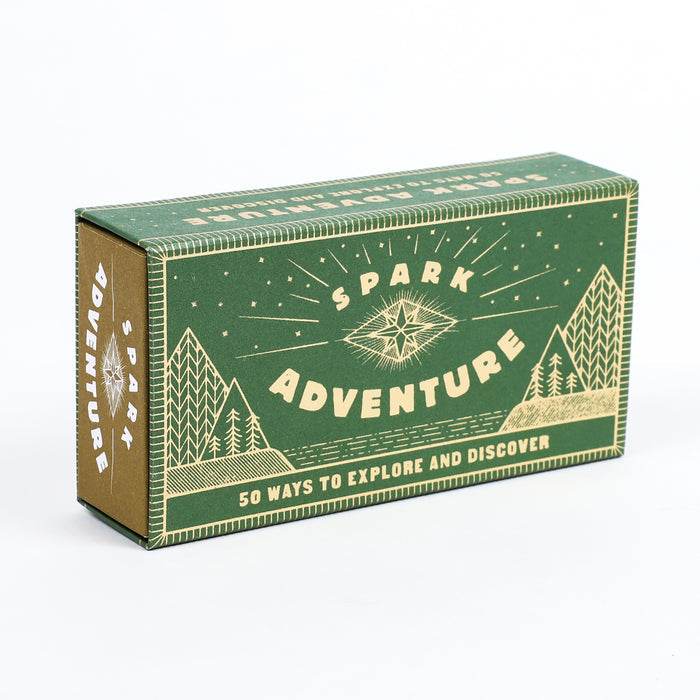 Spark Adventure activity box in green with cream print and outdoor scene graphics, labeled Spark Adventure and 50 ways to explore and discover.