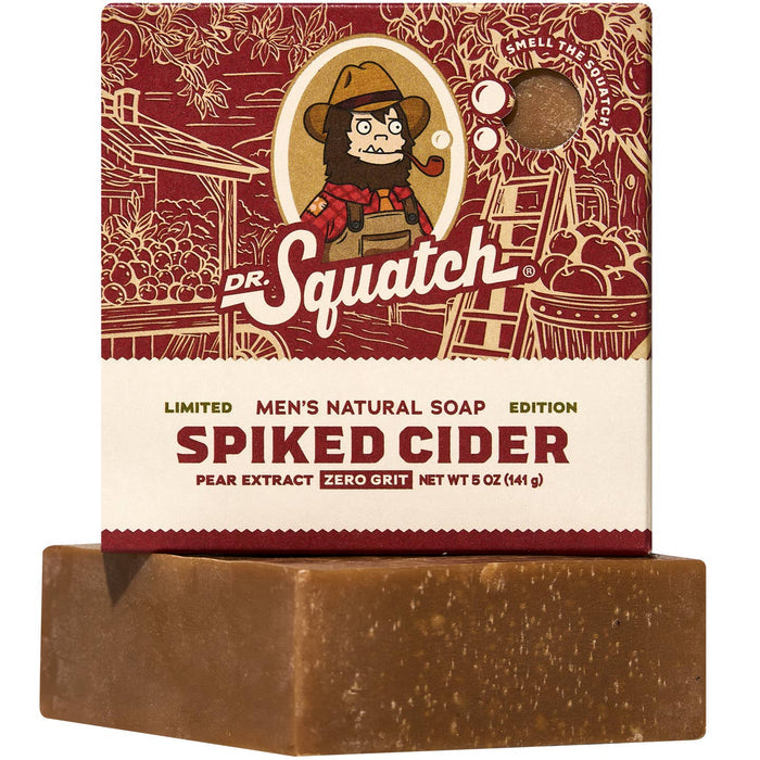 Spiked Cider bar soap box with pear extract label and a brown soap bar beneath.