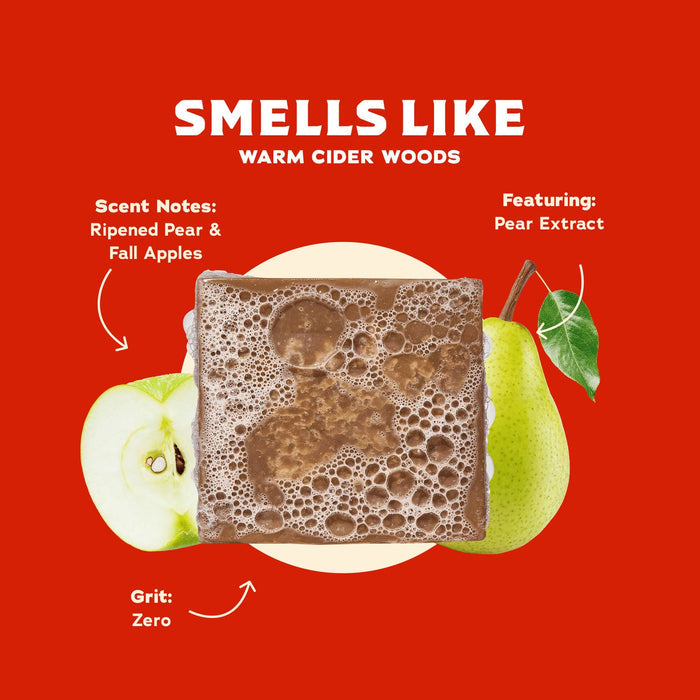 Spiked Cider soap packaging on a bold red background with a foamy bar and a pear illustration.