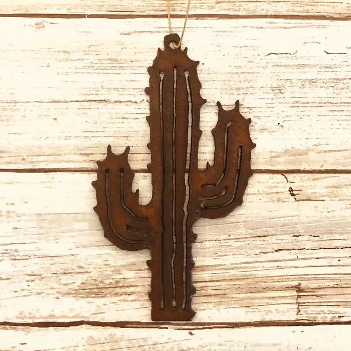 Rustic metal spiky saguaro cactus ornament hanging from twine
