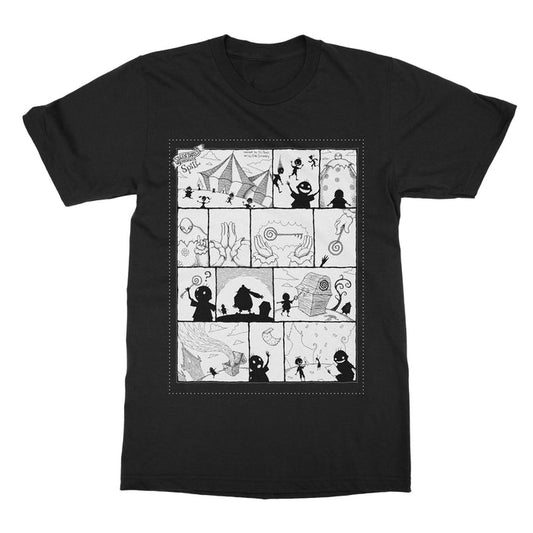 Stolen Babies black t-shirt featuring a grid of whimsical black-and-white cartoon scenes with silhouetted characters, abstract shapes, and playful designs in each square.