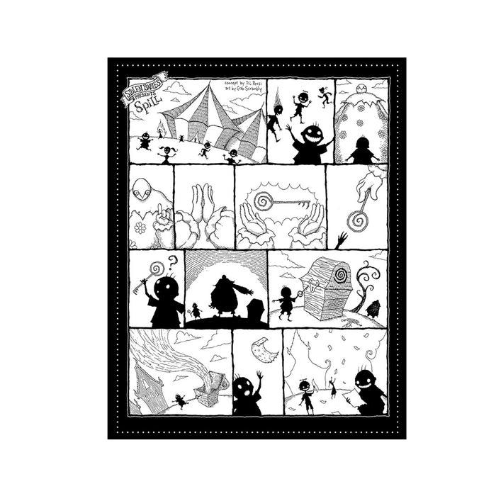 A black and white Stolen Babies comic on 8.5 x 11 pages featuring hand-drawn whimsical characters: exploring a circus tent, climbing mountains, finding keys, and meeting odd creatures with mysterious objects.