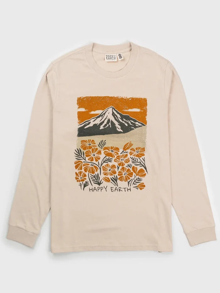 Beige Spring Fever long sleeve shirt with center front orange mountain and floral print