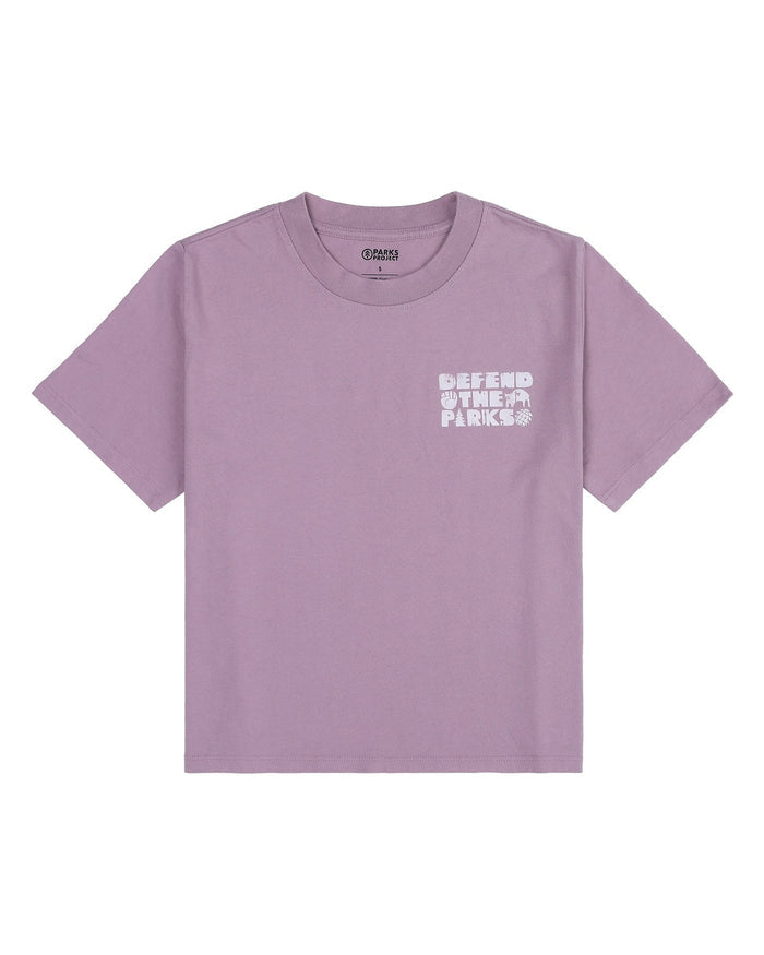 Lavender Stand with Parks Boxy Tee front view with a small white Defend Our Parks graphic on the chest