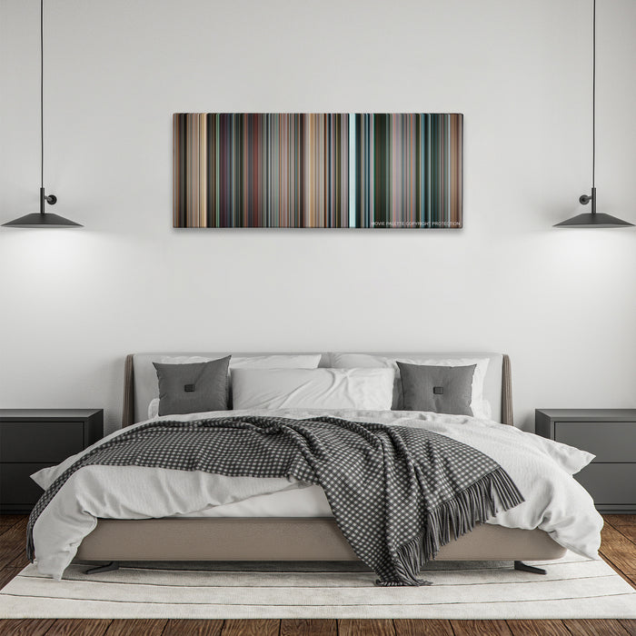 Star Trek color palette canvas above a bed, between two black pendant lamps
